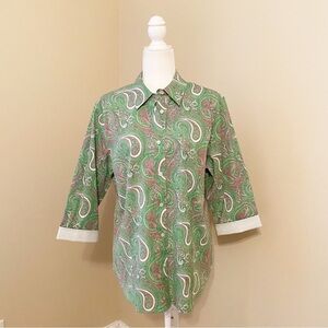 Talbots Winkle Resistant Pink Green Paisley Button Front Shirt Top - 14W